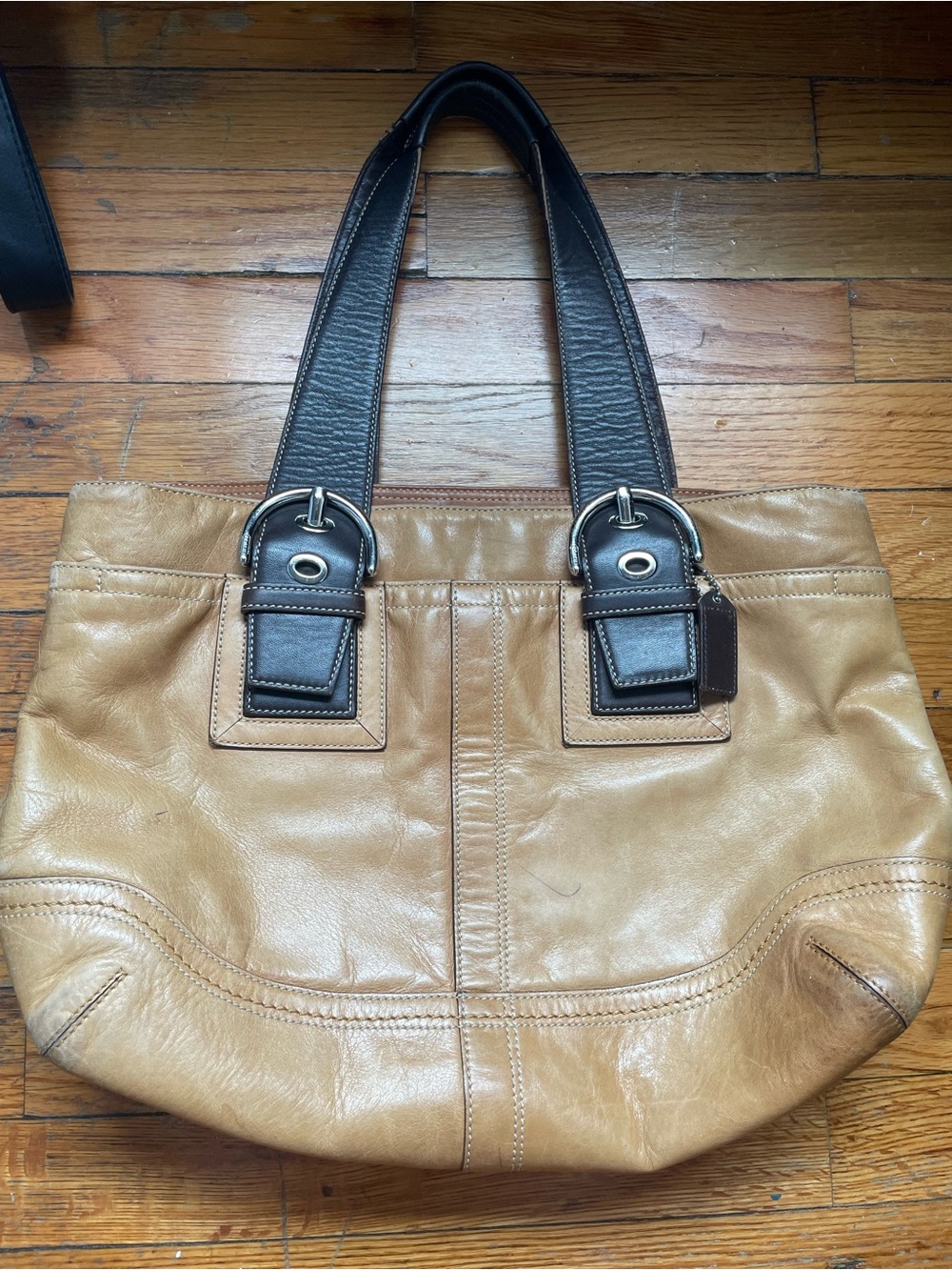 Coach Two-Tone Tan Leather Tote with Dark Brown Handles